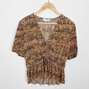 WAYF Short Sleeve Pleated Leopard Print Peplum Surplice Blouse Size Large